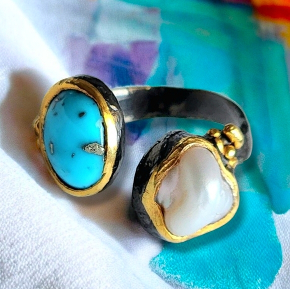 🆕️Genuine Pearl & Turquoise Ring | 925 Silver 24K Gold & Rhodium Plated 🌟 - Picture 15 of 16